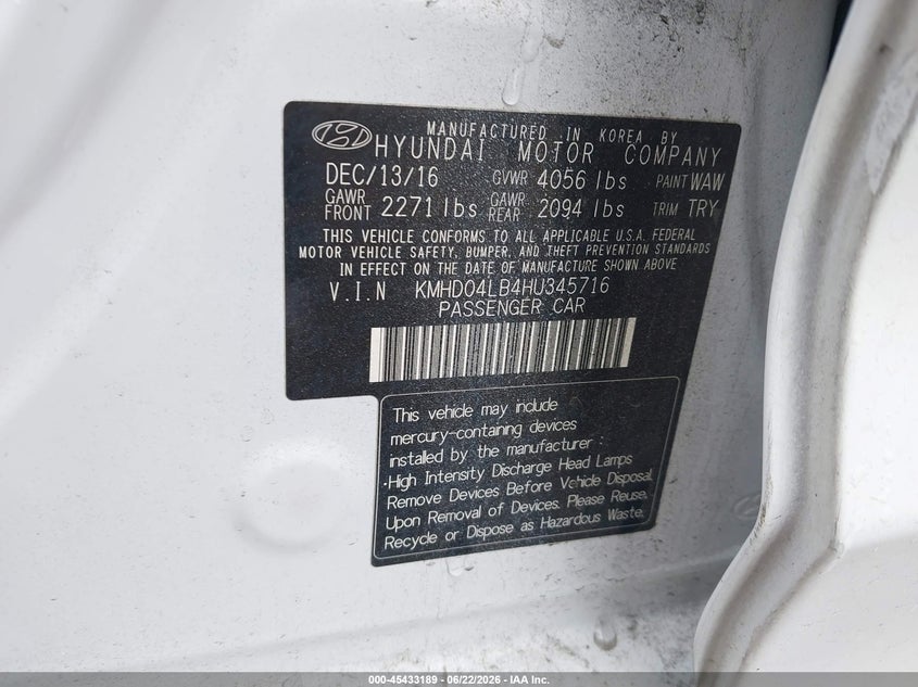 2017 Hyundai Elantra VIN KMHD04LB4HU345716 IAAI salvage auction — FRONT & REAR, Mv-907A (New York), sold $850 on 2026-07-07 (photo 9)
