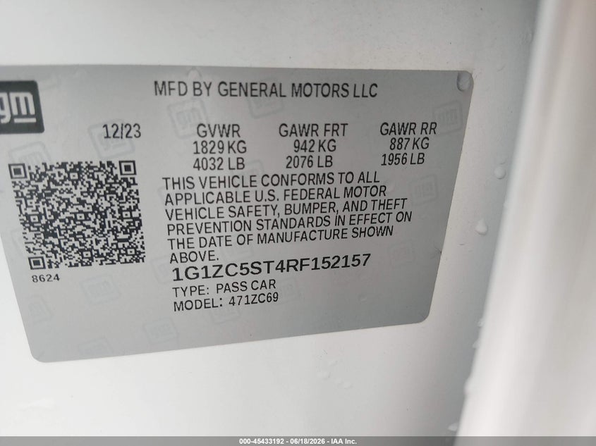 2024 Chevrolet Malibu VIN 1G1ZC5ST4RF152157 IAAI salvage auction — NORMAL WEAR, Sf97 (Virginia), sold $11,250 on 2026-07-22 (photo 9)