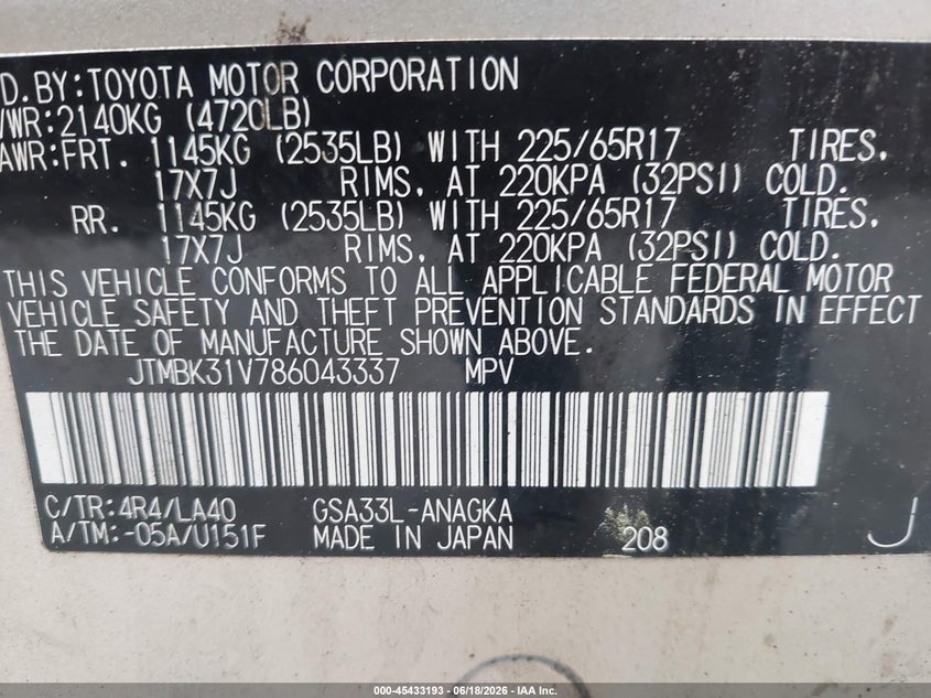 2008 Toyota Rav4 VIN JTMBK31V786043337 IAAI salvage auction — NORMAL WEAR, Original (Maine), sold $575 on 2026-07-27 (photo 9)