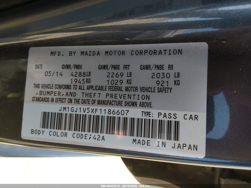2015 Mazda 6 VIN JM1GJ1V5XF1186607 IAAI salvage auction — NORMAL WEAR, Clear - Dealer Only (California), sold $650 on 2026-07-22 (photo 9)
