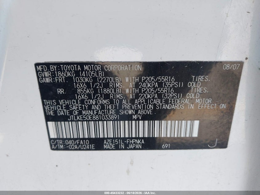 2008 Scion Xb VIN JTLKE50E881033891 IAAI salvage auction — NORMAL WEAR, Clear - Dealer Only (California), sold $375 on 2026-07-20 (photo 9)