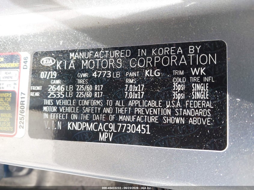 2020 Kia Sportage VIN KNDPMCAC9L7730451 IAAI salvage auction — THEFT, Salvage Title, sold $2,350 on 2026-07-28 (photo 9)