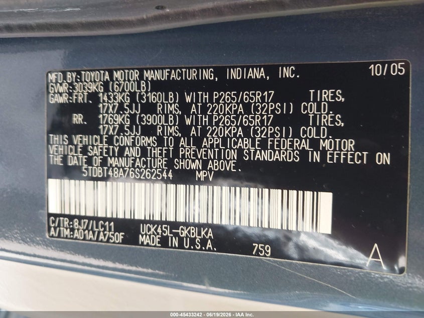 2006 Toyota Sequoia VIN 5TDBT48A76S262544 IAAI salvage auction — NORMAL WEAR, Clear-Endorsement (Wisconsin), sold $775 on 2026-07-29 (photo 9)
