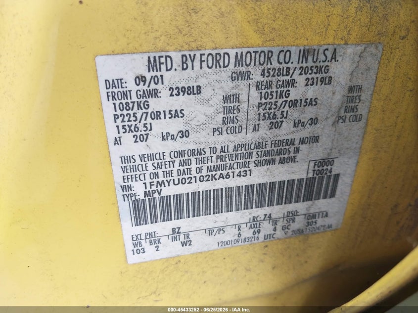 2002 Ford Escape VIN 1FMYU02102KA61431 IAAI salvage auction — NORMAL WEAR, Clear-Dealer Only (Oregon), sold $100 on 2026-07-09 (photo 9)
