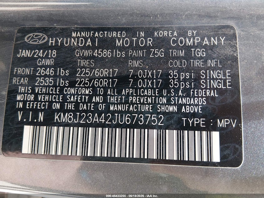 2018 Hyundai Tucson VIN KM8J23A42JU673752 IAAI salvage auction — NORMAL WEAR, Sf97 (Oklahoma), sold $5,200 on 2026-08-03 (photo 9)