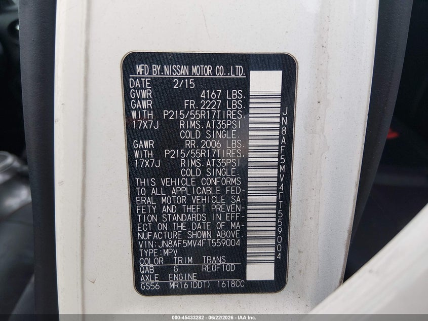 2015 Nissan Juke VIN JN8AF5MV4FT559004 IAAI salvage auction — LEFT FRONT, Salvage Title, sold $600 on 2026-07-22 (photo 9)