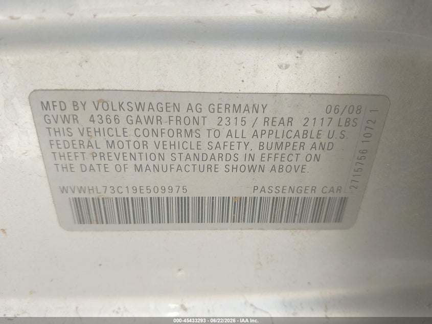 2009 Volkswagen Cc VIN WVWHL73C19E509975 IAAI salvage auction — LEFT SIDE, Salvage (Texas), sold $175 on 2026-07-28 (photo 9)