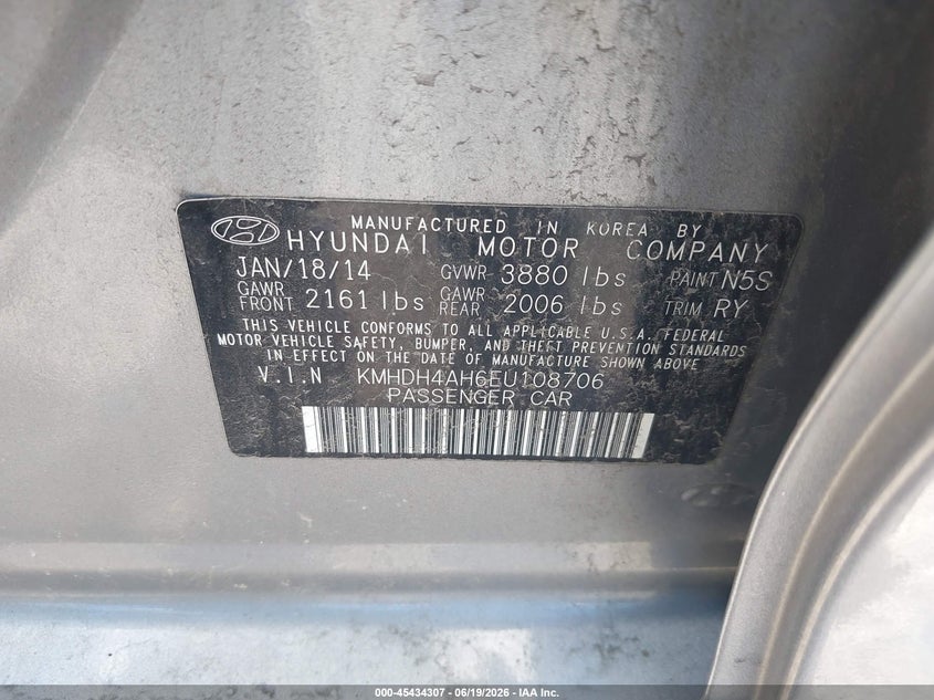 2014 Hyundai Elantra VIN KMHDH4AH6EU108706 IAAI salvage auction — RIGHT FRONT, Clear (Indiana), sold $1,150 on 2026-07-16 (photo 9)