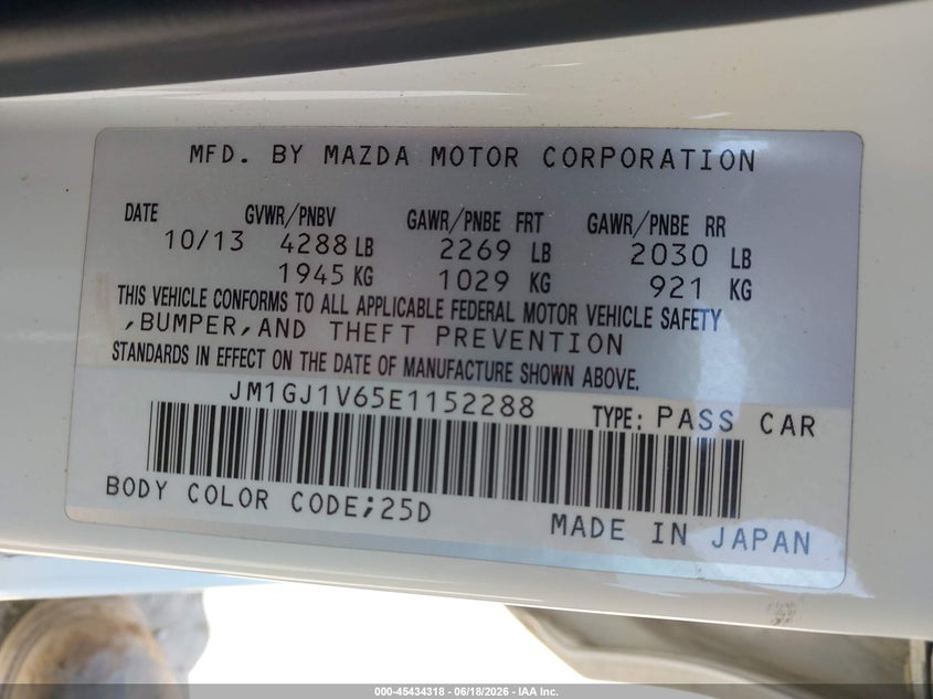 2014 Mazda 6 VIN JM1GJ1V65E1152288 IAAI salvage auction — REAR END, Salvage Title, sold $1,950 on 2026-07-16 (photo 9)