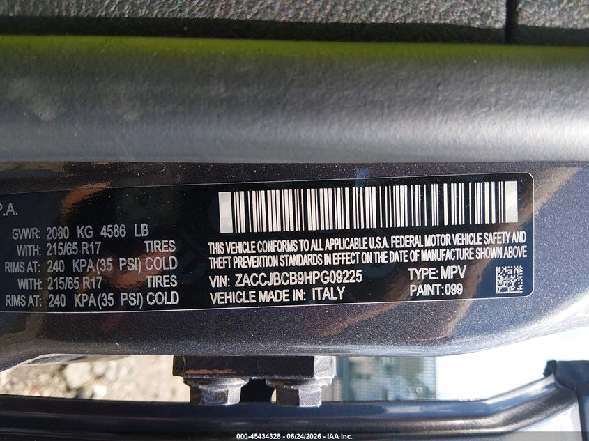 2017 Jeep Renegade VIN ZACCJBCB9HPG09225 IAAI salvage auction — LEFT SIDE, Salvage Title, sold $3,900 on 2026-08-01 (photo 9)