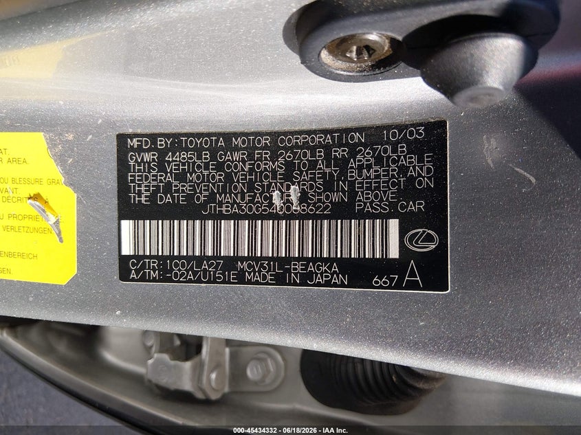 2004 Lexus Es 330 VIN JTHBA30G540008622 IAAI salvage auction — NORMAL WEAR, Clear (Nevada), sold $350 on 2026-07-24 (photo 9)