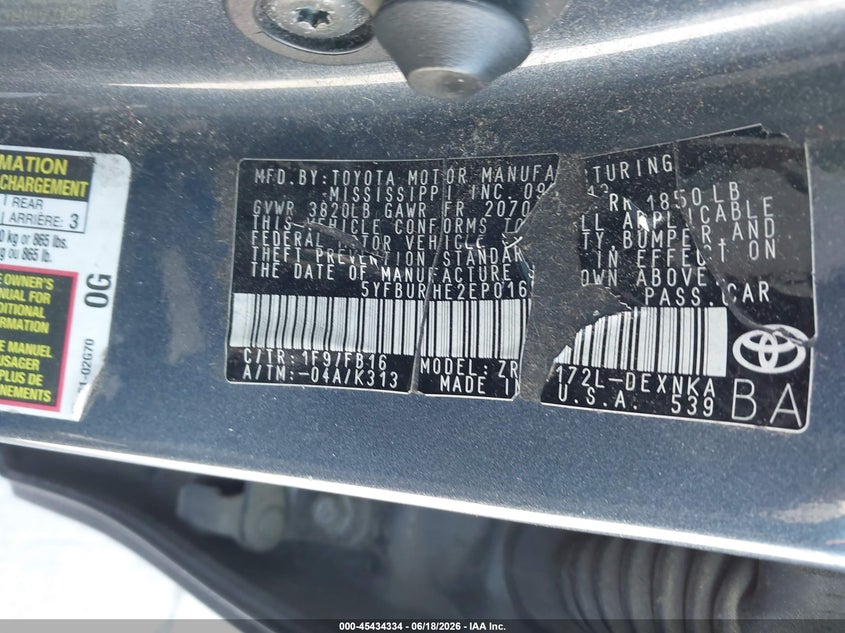 2014 Toyota Corolla VIN 5YFBURHE2EP016831 IAAI salvage auction — NORMAL WEAR, Salvage (California), sold $2,000 on 2026-07-29 (photo 9)