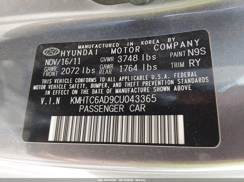 2012 Hyundai Veloster VIN KMHTC6AD9CU043365 IAAI salvage auction — NORMAL WEAR, Clear (New Mexico), sold $200 on 2026-07-29 (photo 9)