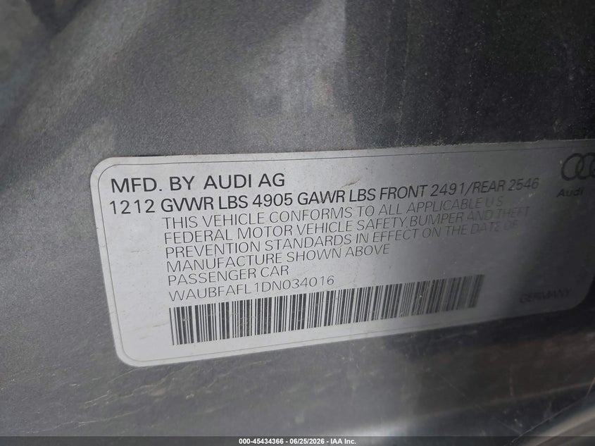2013 Audi A4 VIN WAUBFAFL1DN034016 IAAI salvage auction — FRONT END, Salvage (Ohio), sold $1,100 on 2026-07-20 (photo 9)