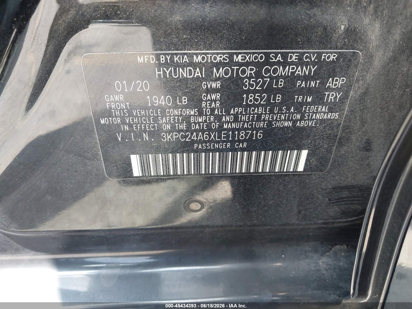 2020 Hyundai Accent VIN 3KPC24A6XLE118716 IAAI salvage auction — NORMAL WEAR, Sf97 (Texas), sold $7,650 on 2026-08-04 (photo 9)