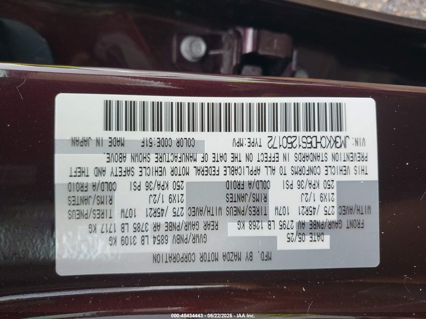 2025 Mazda Cx-90 VIN JM3KKCHD5S1250172 IAAI salvage auction — RIGHT FRONT, Salvage (Louisiana), sold $15,675 on 2026-07-22 (photo 9)