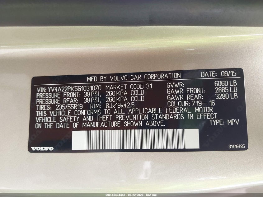 2016 Volvo Xc90 VIN YV4A22PK5G1031070 IAAI salvage auction — NORMAL WEAR, Clear (Kansas), sold $6,850 on 2026-07-15 (photo 9)