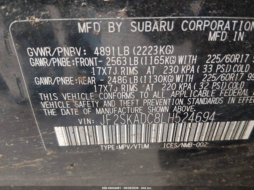 2020 Subaru Forester VIN JF2SKADC8LH524694 IAAI salvage auction — FRONT END, Salvage (Wisconsin), sold $1,650 on 2026-07-29 (photo 9)