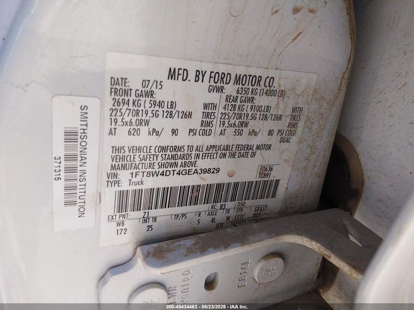 2016 Ford F-450 VIN 1FT8W4DT4GEA39829 IAAI salvage auction — NORMAL WEAR, Sf97 (Arizona), sold $23,100 on 2026-07-28 (photo 9)