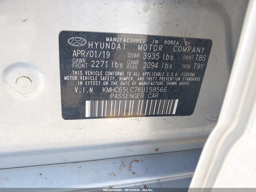 2019 Hyundai Ioniq hybrid VIN KMHC65LC7KU158566 IAAI salvage auction — NORMAL WEAR, Sf97 (California), sold $225 on 2026-07-28 (photo 9)