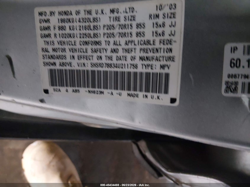 2004 Honda Cr-v VIN SHSRD78834U211756 IAAI salvage auction — UNKNOWN, Clear (Tennessee), sold $750 on 2026-07-27 (photo 9)