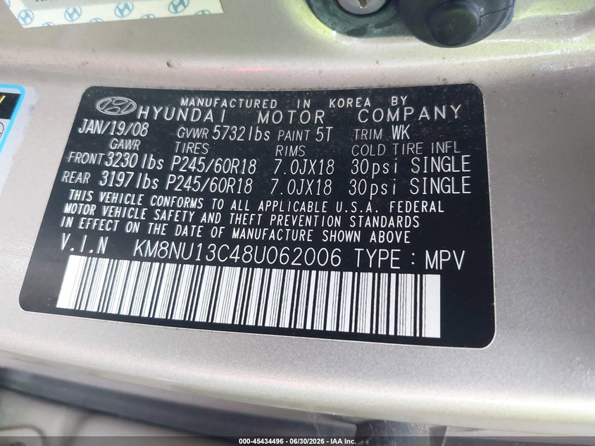 2008 Hyundai Veracruz VIN KM8NU13C48U062006 IAAI salvage auction — NORMAL WEAR, Clear (New York), sold $1,550 on 2026-07-07 (photo 9)