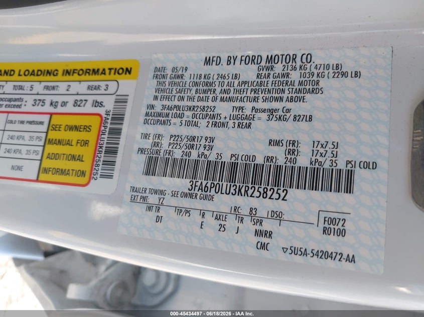 2019 Ford Fusion VIN 3FA6P0LU3KR258252 IAAI salvage auction — NORMAL WEAR, Sf97 (California), sold $9,900 on 2026-07-28 (photo 9)