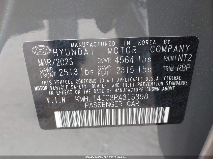 2023 Hyundai Sonata VIN KMHL14JC3PA315398 IAAI salvage auction — FRONT END, Salvage (Idaho), sold $6,300 on 2026-08-01 (photo 9)