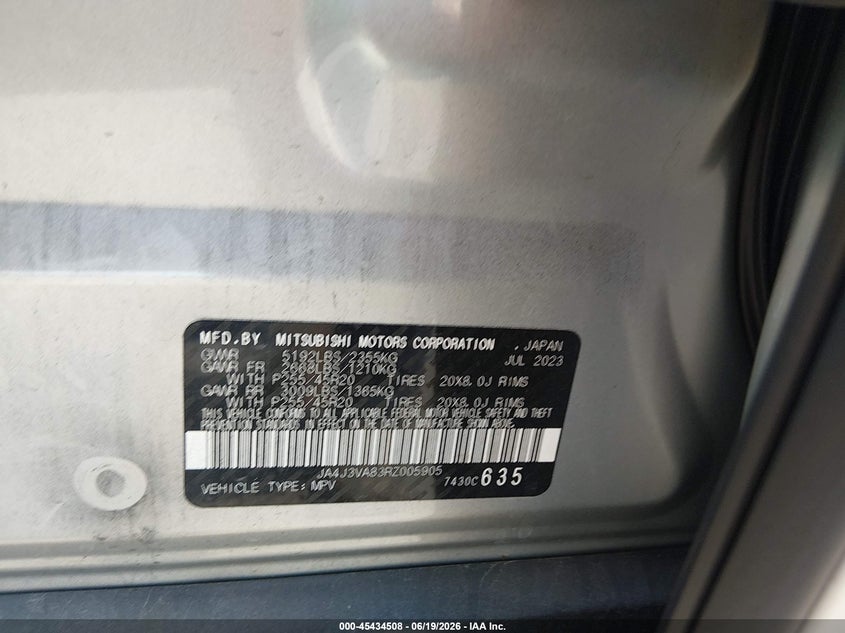 2024 Mitsubishi Outlander VIN JA4J3VA83RZ005905 IAAI salvage auction — RIGHT FRONT, Certificate Of Destruction (Florida), sold $7,550 on 2026-07-30 (photo 9)