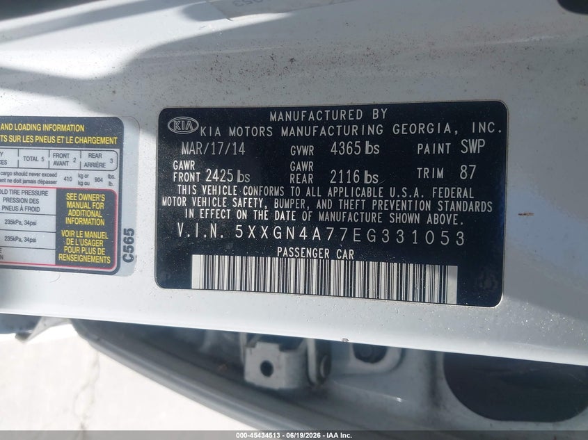 2014 Kia Optima VIN 5XXGN4A77EG331053 IAAI salvage auction — FRONT END, Salvage (California), sold $1,450 on 2026-07-06 (photo 9)