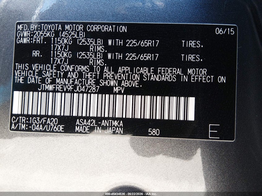 2015 Toyota VIN JTMWFREV9FJ047287 IAAI salvage auction — REAR END, Salvage (California), sold $4,150 on 2026-07-06 (photo 9)