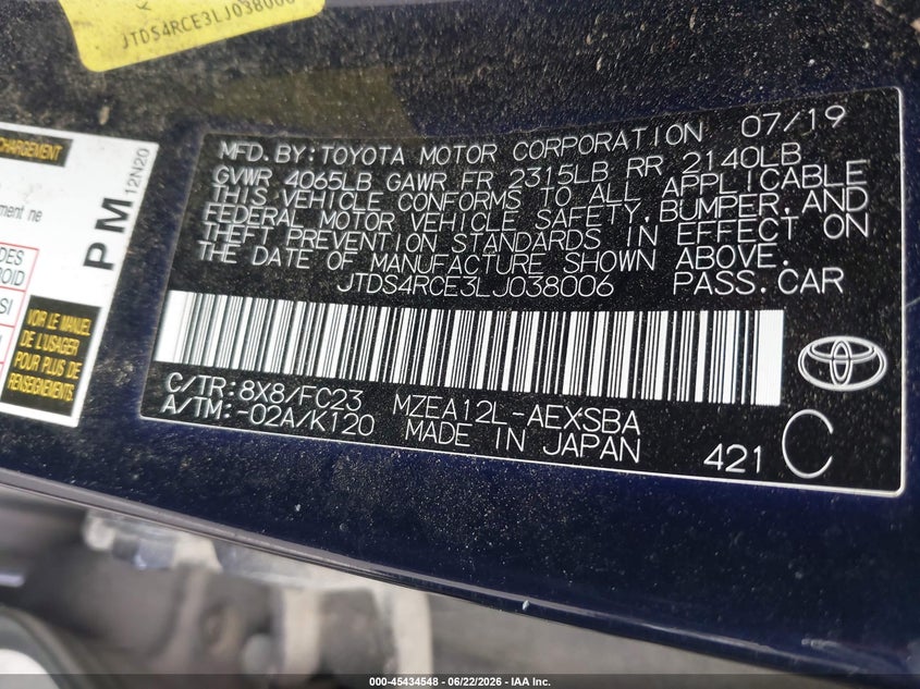 2020 Toyota Corolla VIN JTDS4RCE3LJ038006 IAAI salvage auction — LEFT FRONT, Salvage (North Carolina), sold $4,650 on 2026-07-10 (photo 9)