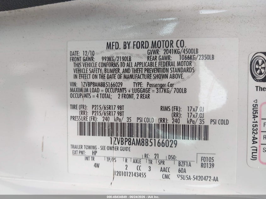 2011 Ford Mustang VIN 1ZVBP8AM8B5166029 IAAI salvage auction — FRONT END, Salvage (North Carolina), sold $625 on 2026-07-09 (photo 9)