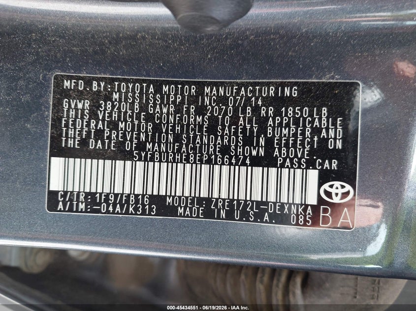 2014 Toyota Corolla VIN 5YFBURHE8EP166474 IAAI salvage auction — FRONT & REAR, Rebuildable (Florida), sold $325 on 2026-07-30 (photo 9)