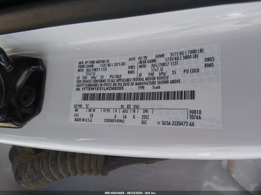 2020 Ford F-150 VIN 1FTEW1E51LKD68355 IAAI salvage auction — NORMAL WEAR, Sf97 (Arizona), sold $17,000 on 2026-07-28 (photo 9)