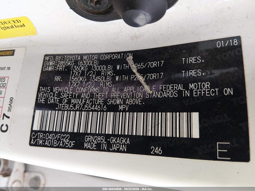 2018 Toyota 4runner VIN JTEBU5JR7J5544616 IAAI salvage auction — FRONT END, Salvage (Texas), sold $6,500 on 2026-07-23 (photo 9)