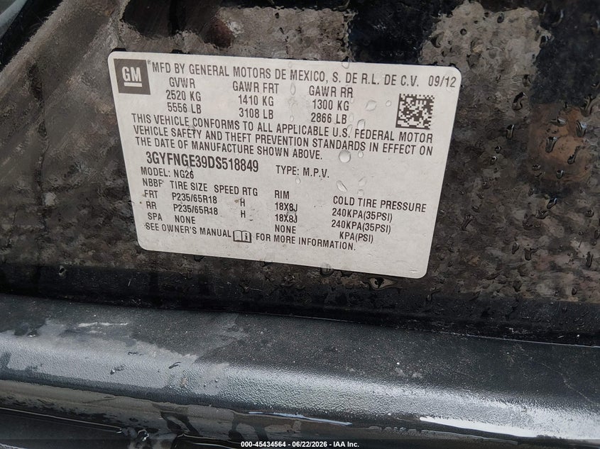 2013 Cadillac Srx VIN 3GYFNGE39DS518849 IAAI salvage auction — LEFT FRONT, Salvage (Kentucky), sold $475 on 2026-07-10 (photo 9)