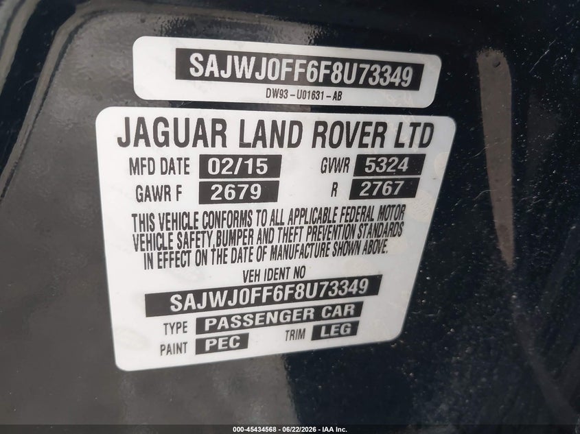 2015 Jaguar Xf VIN SAJWJ0FF6F8U73349 IAAI salvage auction — LEFT FRONT, Clear (Indiana), sold $2,650 on 2026-07-22 (photo 9)