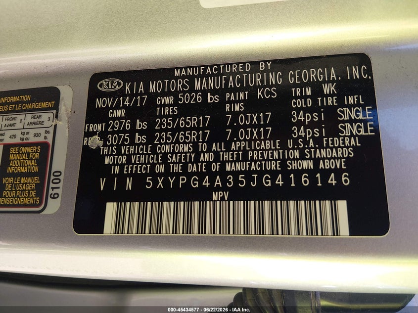 2018 Kia Sorento VIN 5XYPG4A35JG416146 IAAI salvage auction — REAR END, Salvage Title, sold $2,850 on 2026-07-17 (photo 9)