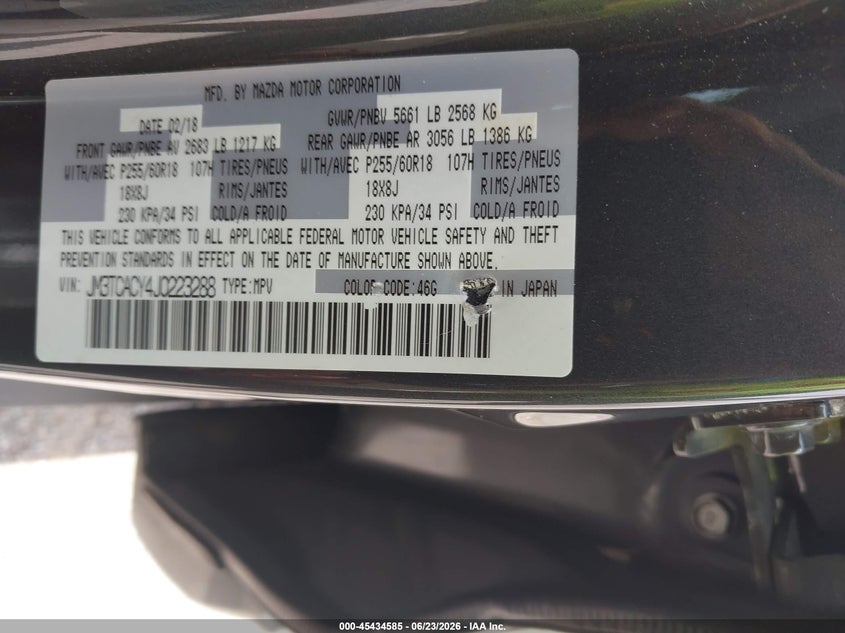2018 Mazda Cx-9 VIN JM3TCACY4J0223288 IAAI salvage auction — SIDE, Original (Texas), sold $2,150 on 2026-07-29 (photo 9)