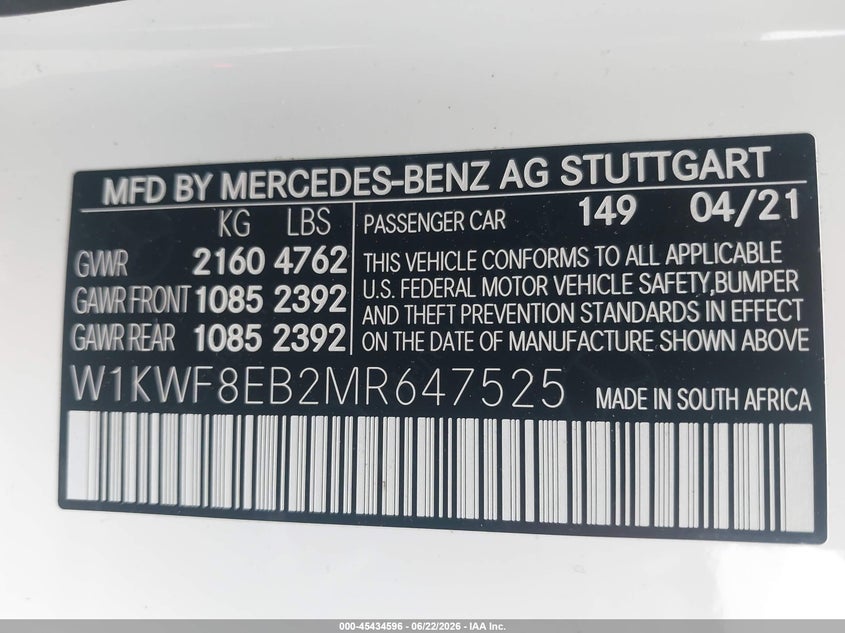 2021 Mercedes-benz C-klasse VIN W1KWF8EB2MR647525 IAAI salvage auction — REAR END, Salvage (Ohio), sold $15,300 on 2026-07-11 (photo 9)