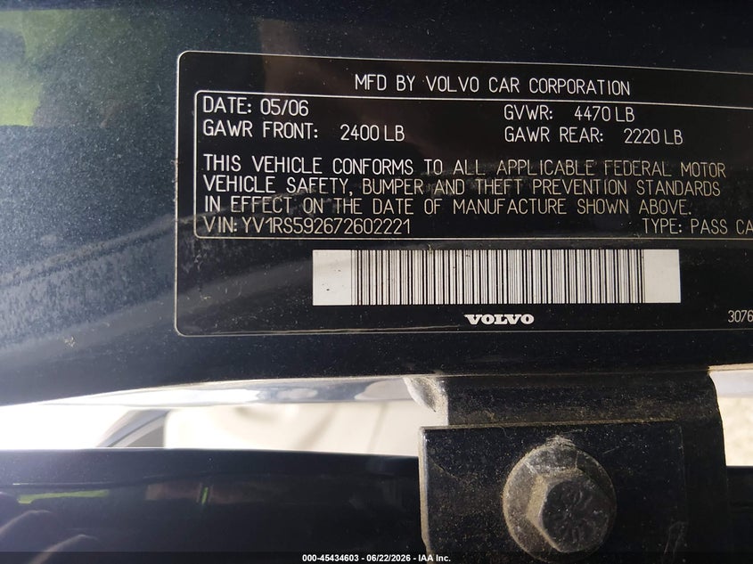 2007 Volvo S60 VIN YV1RS592672602221 IAAI salvage auction — LEFT FRONT, Salvage (New Jersey), sold $400 on 2026-08-03 (photo 9)