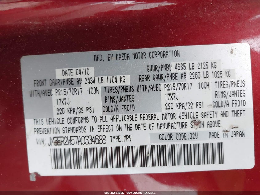 2010 Mazda Cx-7 VIN JM3ER2W57A0334688 IAAI salvage auction — LEFT SIDE, Salvage (Texas), sold $925 on 2026-07-23 (photo 9)