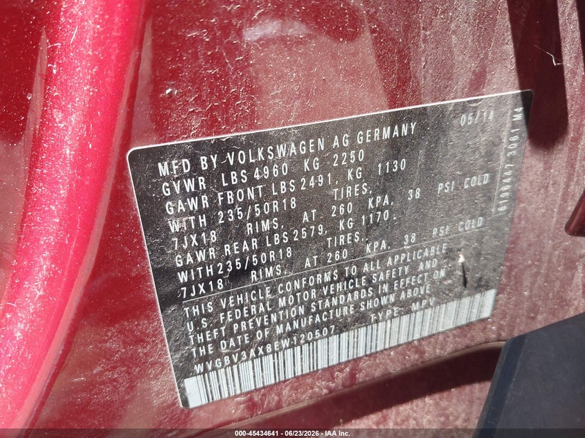 2014 Volkswagen Tiguan VIN WVGBV3AX8EW120507 IAAI salvage auction — FRONT END, Salvage Title, sold $700 on 2026-08-04 (photo 9)