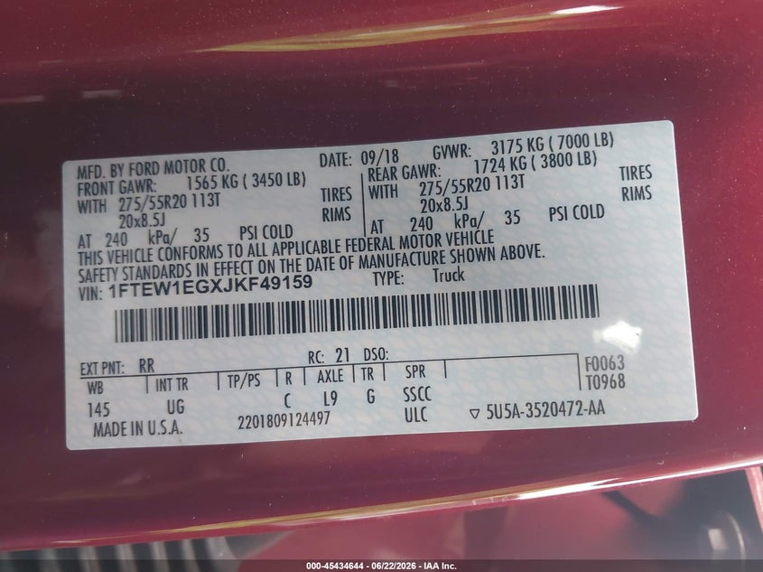 2018 Ford F-150 VIN 1FTEW1EGXJKF49159 IAAI salvage auction — RIGHT FRONT, Salvage Title, sold $5,800 on 2026-07-22 (photo 9)