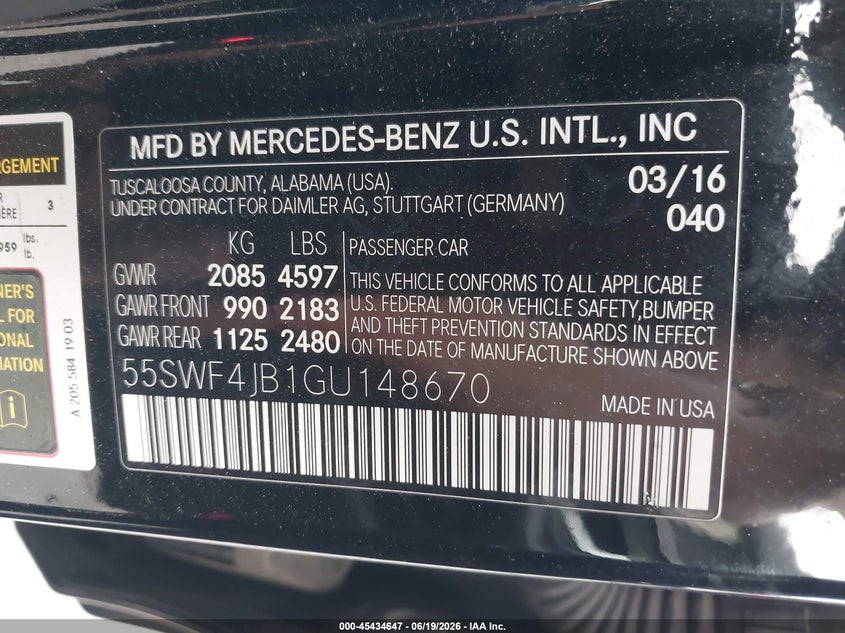 2016 Mercedes-benz C-klasse VIN 55SWF4JB1GU148670 IAAI salvage auction — RIGHT SIDE, Salvage Title, sold $2,200 on 2026-07-29 (photo 9)