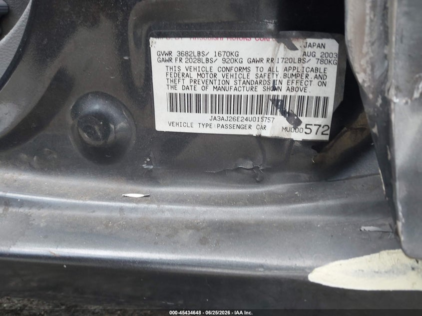 2004 Mitsubishi Lancer VIN JA3AJ26E24U015757 IAAI salvage auction — SIDE, Salvage (California), sold $250 on 2026-07-14 (photo 9)
