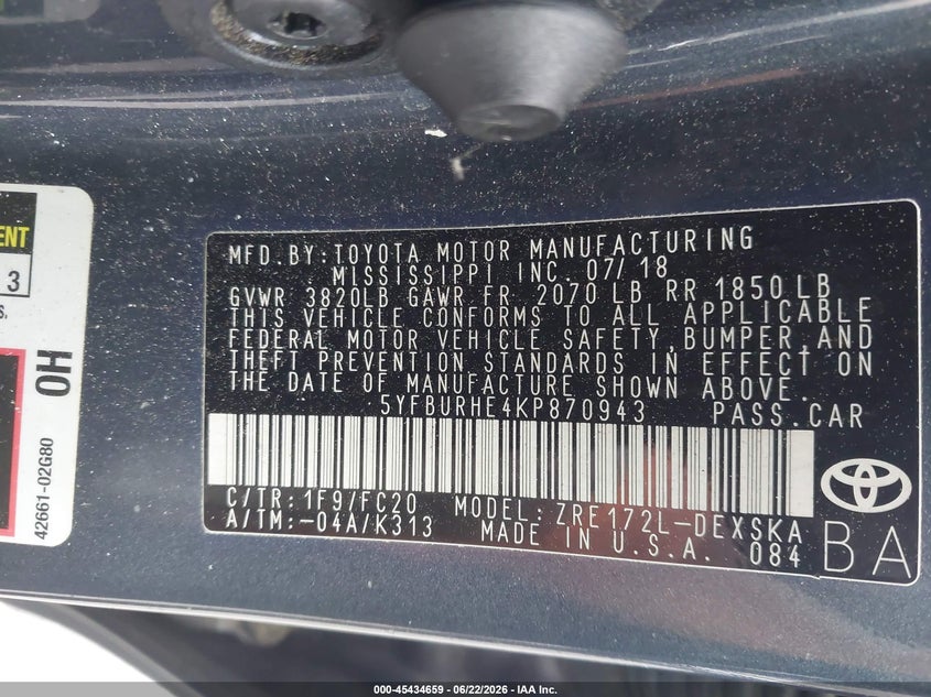 2019 Toyota Corolla VIN 5YFBURHE4KP870943 IAAI salvage auction — NORMAL WEAR, Repossession Paperwork (Georgia), sold $7,900 on 2026-07-15 (photo 9)