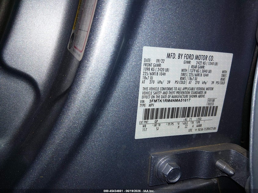2022 Ford Mustang mach-e VIN 3FMTK1RM4NMA51617 IAAI salvage auction — FRONT END, Salvage Title, sold $7,550 on 2026-08-20 (photo 9)