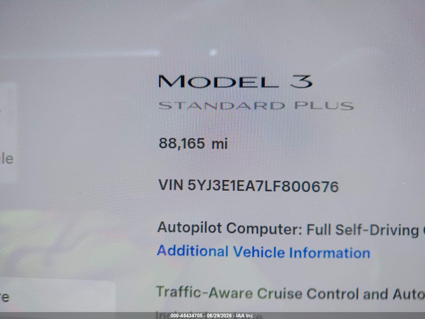 2020 Tesla Model 3 VIN 5YJ3E1EA7LF800676 IAAI salvage auction — SIDE, Salvage Title, sold $4,850 on 2026-08-02 (photo 7)